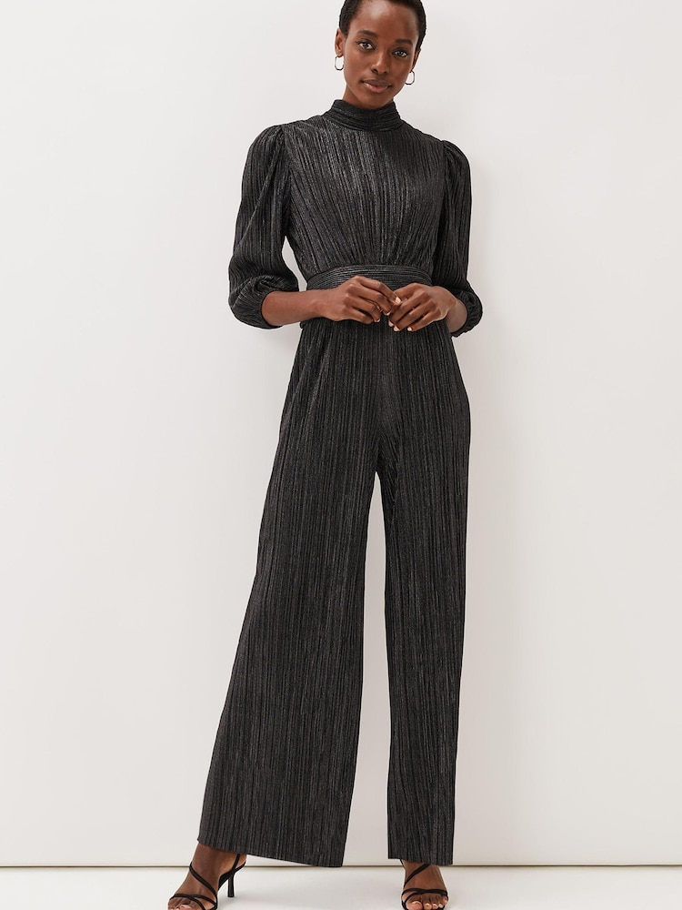 Phase Eight Grey Gloria Plissé Wide Leg Metallic Jumpsuit - Image 1 of 7 Phase Eight Grey Gloria Plissé Wide Leg Metallic Jumpsuit - Image 1 of 7