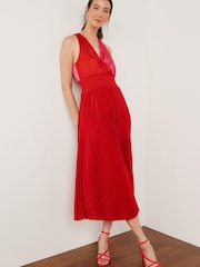 Red/Pink Satin Wrap Front Pleated Midi Dress - Image 1 of 5