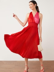Red/Pink Satin Wrap Front Pleated Midi Dress - Image 2 of 5