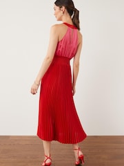 Red/Pink Satin Wrap Front Pleated Midi Dress - Image 3 of 5