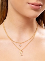 Caramel Jewellery London Gold Tone Moon & Star Double Layer Necklace - Image 1 of 7