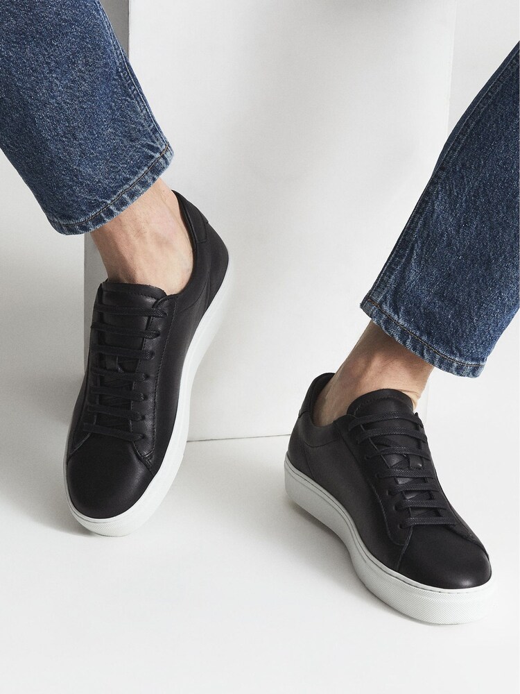 Reiss Black Finley Leather Trainers - Image 1 of 7