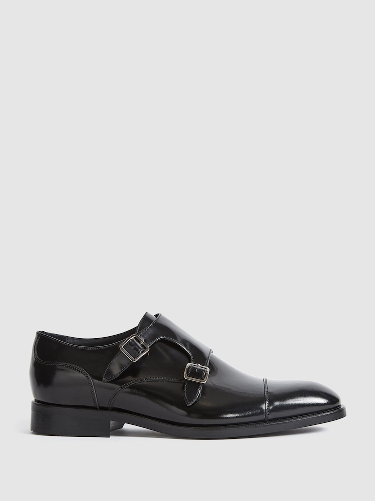 Reiss Black Rivington High Shine Leather Monk Strap Shoes - Image 1 of 7