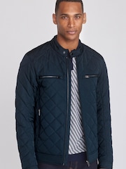 Navy Blue Shower Resistant Diamond Quilt Racer Neck Jacket - Image 3 of 10