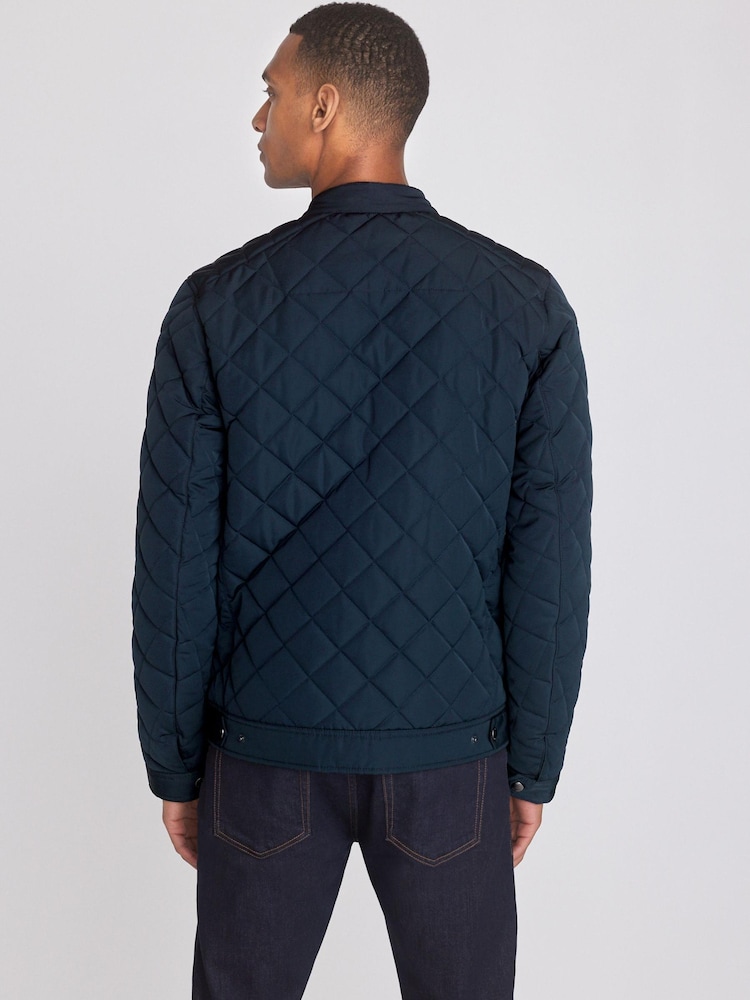 Navy Blue Shower Resistant Diamond Quilt Racer Neck Jacket - Image 4 of 10