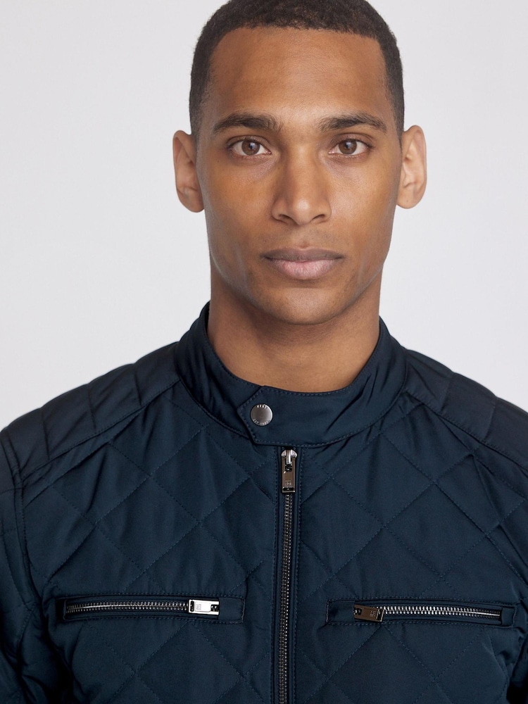 Navy Blue Shower Resistant Diamond Quilt Racer Neck Jacket - Image 5 of 10