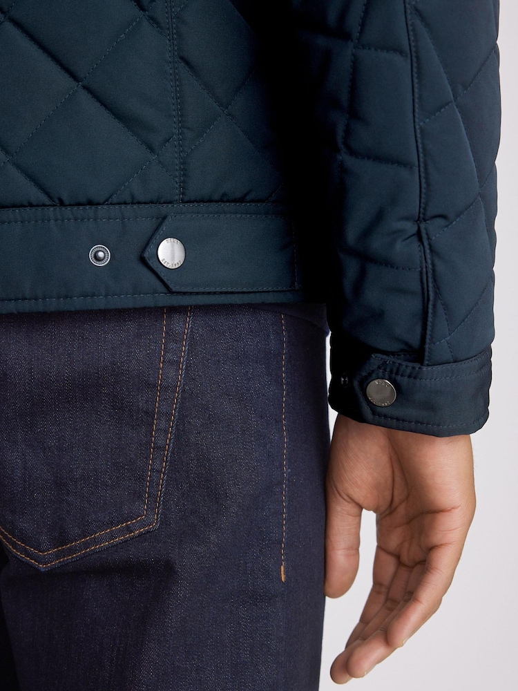 Navy Blue Shower Resistant Diamond Quilt Racer Neck Jacket - Image 6 of 10