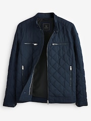 Navy Blue Shower Resistant Diamond Quilt Racer Neck Jacket - Image 8 of 10