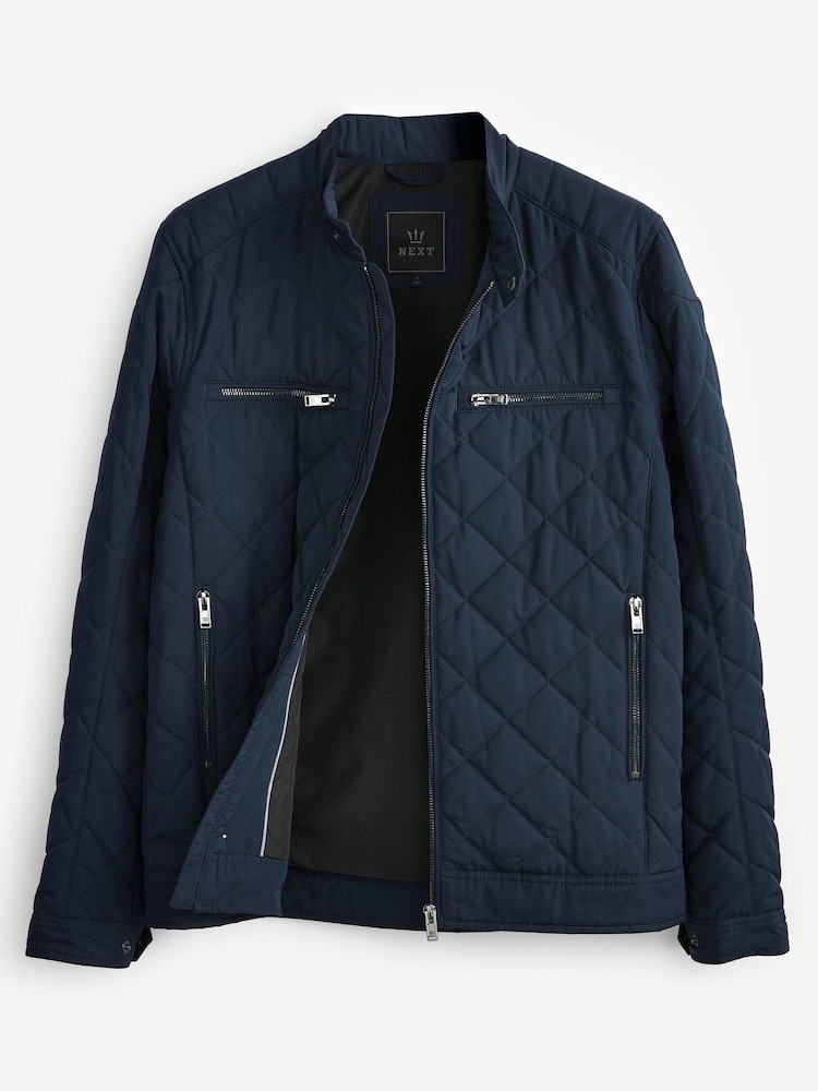 Navy Blue Shower Resistant Diamond Quilt Racer Neck Jacket - Image 8 of 10