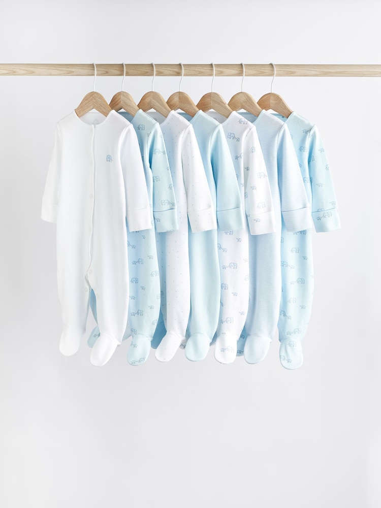 Pale Blue 7 Pack Elephant Baby Sleepsuits (0-2yrs) - Image 1 of 11