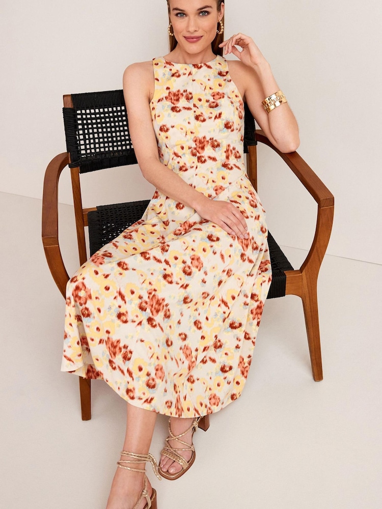 Ecru Floral Print Sleeveless Midi Dress - Image 1 of 5 Ecru Floral Print Sleeveless Midi Dress - Image 1 of 5