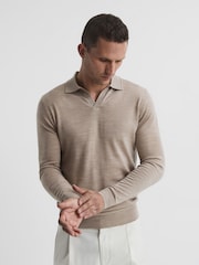 Reiss Wheat Melange Milburn Merino Wool Open Collar Polo Shirt - Image 1 of 6