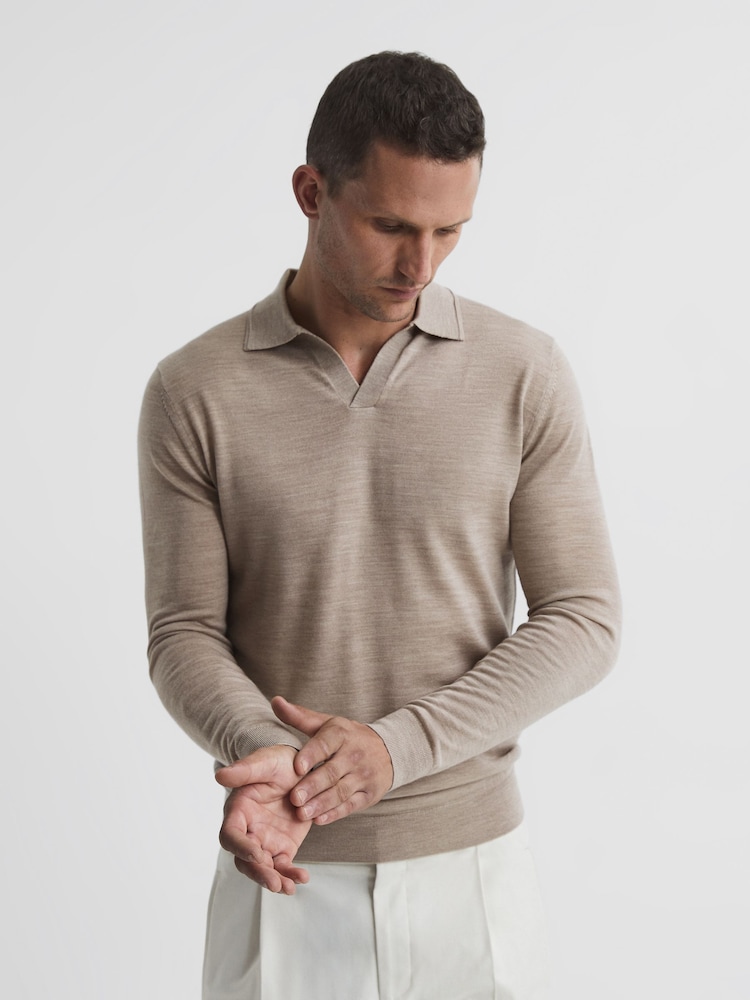 Reiss Wheat Melange Milburn Merino Wool Open Collar Polo Shirt - Image 1 of 6