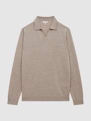 Reiss Wheat Melange Milburn Merino Wool Open Collar Polo Shirt - Image 2 of 6