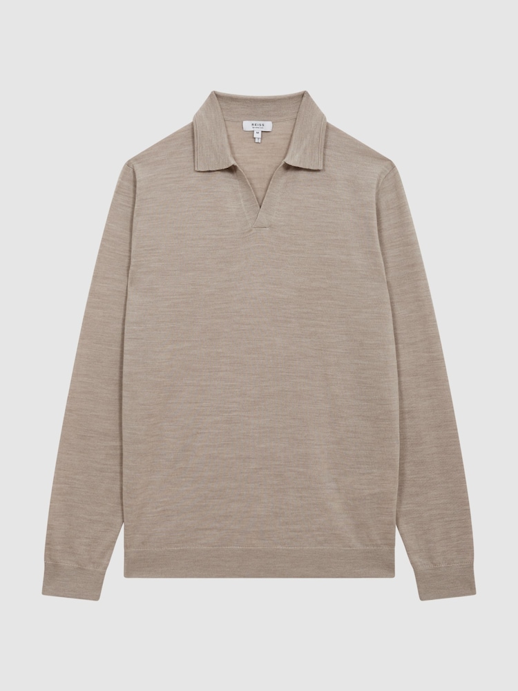 Reiss Wheat Melange Milburn Merino Wool Open Collar Polo Shirt - Image 2 of 6