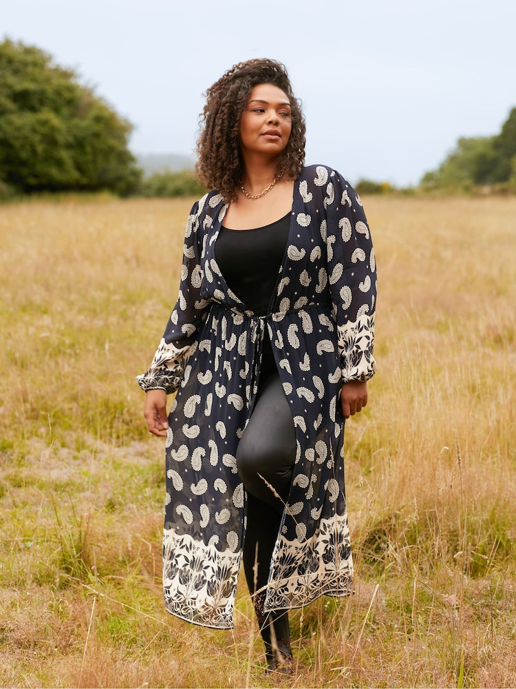 Live Unlimited Black Curve Placement Print Longline Kimono With Drawstring Waist - Image 1 of 6