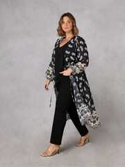 Live Unlimited Black Curve Placement Print Longline Kimono With Drawstring Waist - Image 3 of 6