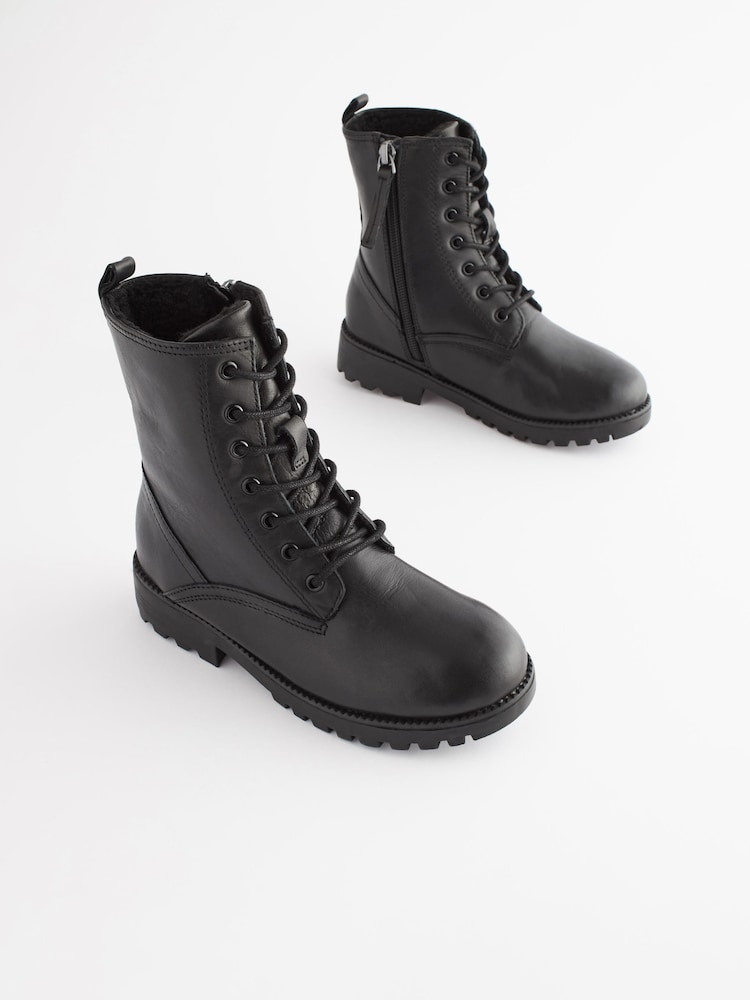 Black Leather Standard Fit (F) Warm Lined Lace Up Boots - Image 1 of 9