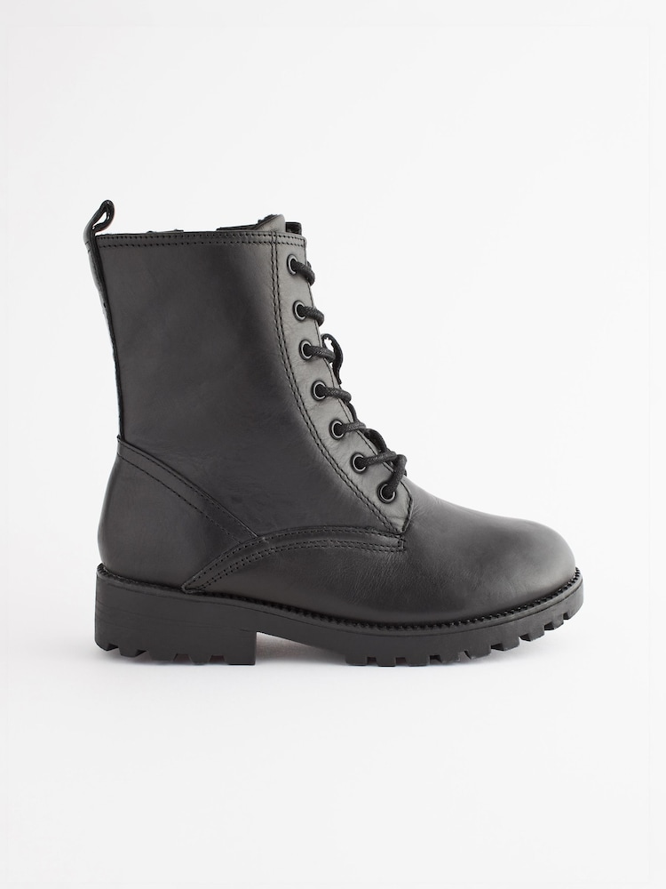 Black Leather Standard Fit (F) Warm Lined Lace Up Boots - Image 2 of 9