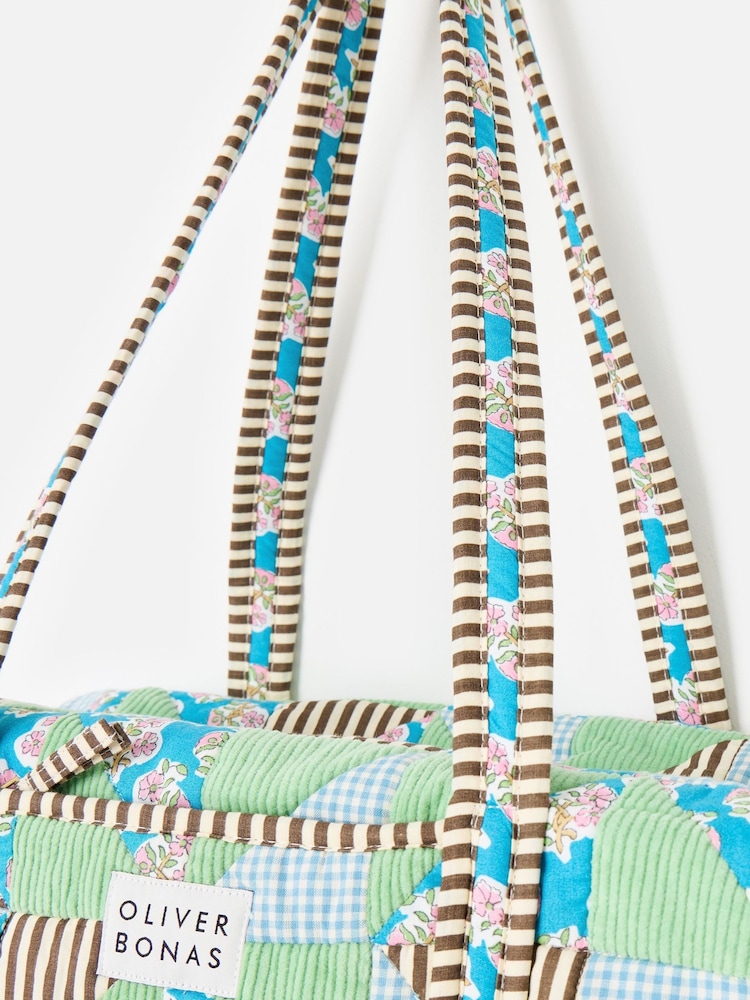 Oliver Bonas Green Emily Green & Blue Patchwork Corduroy Quilted Bag - Image 7 of 7 Oliver Bonas Green Emily Green & Blue Patchwork Corduroy Quilted Bag - Image 7 of 7
