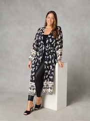 Live Unlimited Black Petite Border Paisley Print Longline Kimono - Image 1 of 5
