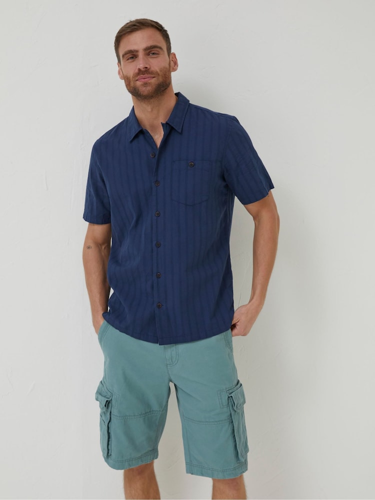 FatFace Blue Self Stripe Revere Shirt - Image 1 of 5