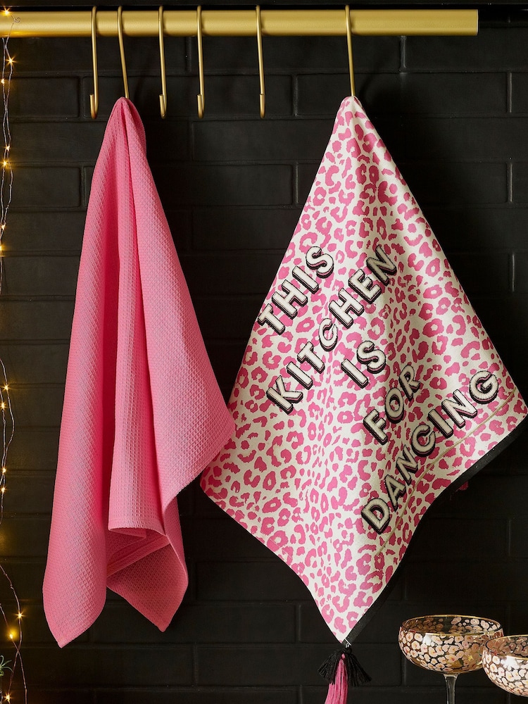 Set of 2 Pink Leopard Print Slogan Tea Towels - Image 1 of 3