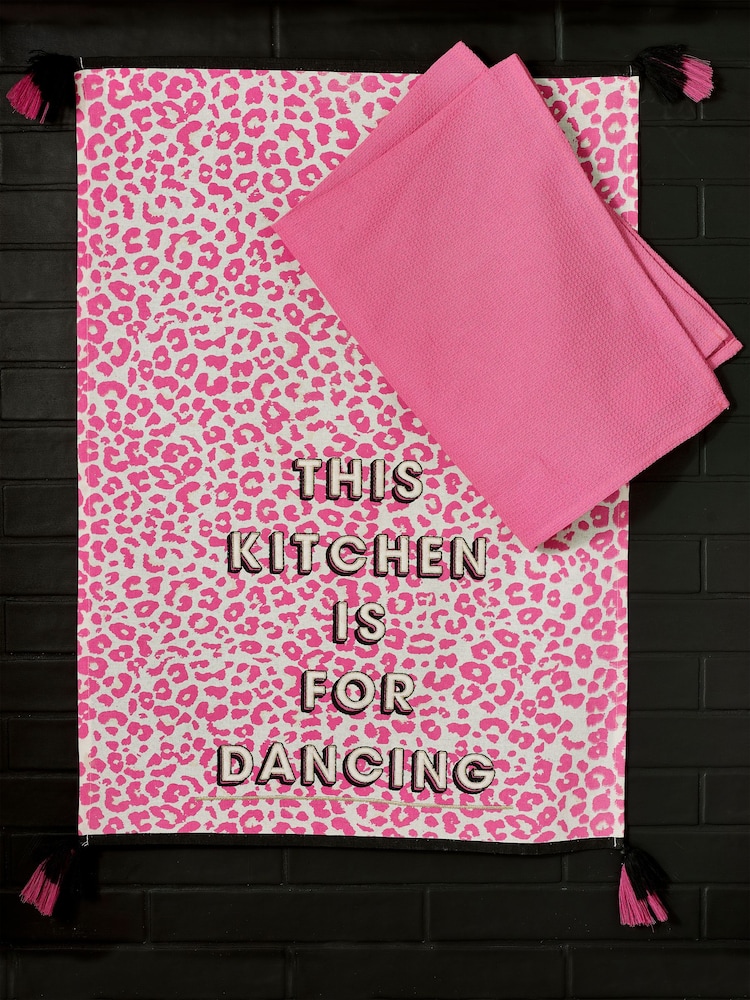 Set of 2 Pink Leopard Print Slogan Tea Towels - Image 2 of 3