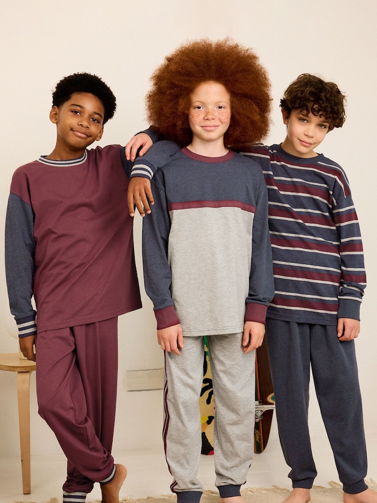 Marineblau/Burgunderrot - 3er-Pack Langarm-Pyjamas aus 100 % Baumwolle (3-16Jahre) - Bild 1 von 7