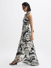 Reiss Black/White Hallie Printed Halter Neck Maxi Dress - Image 1 of 6