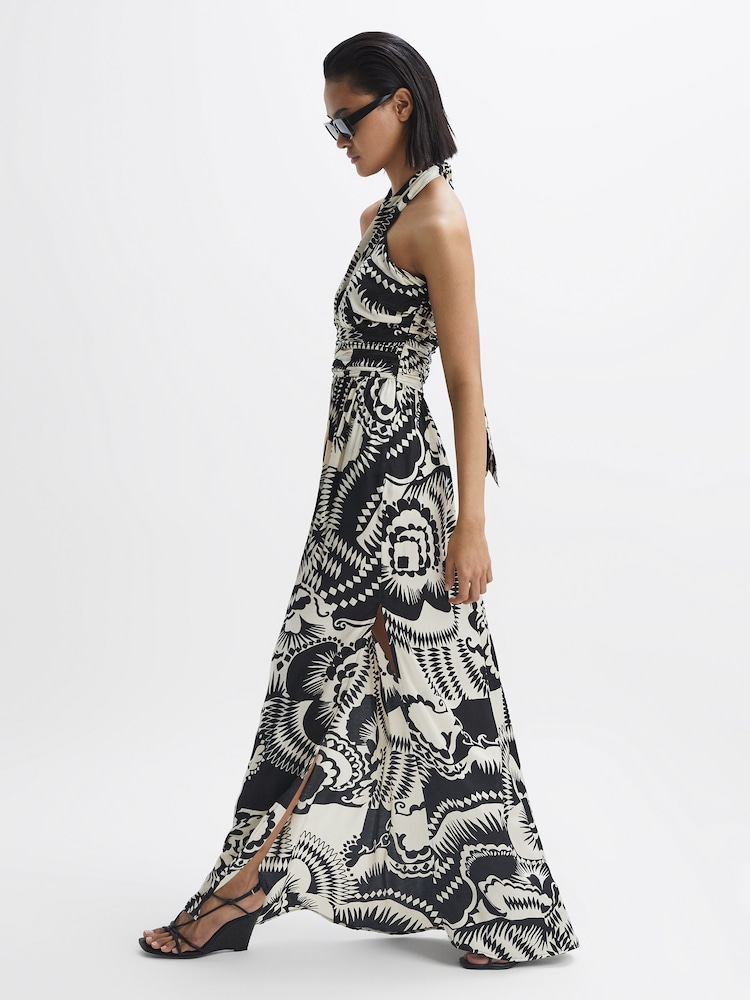 Reiss Black/White Hallie Printed Halter Neck Maxi Dress - Image 1 of 6
