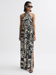 Reiss Black/White Hallie Printed Halter Neck Maxi Dress - Image 4 of 6