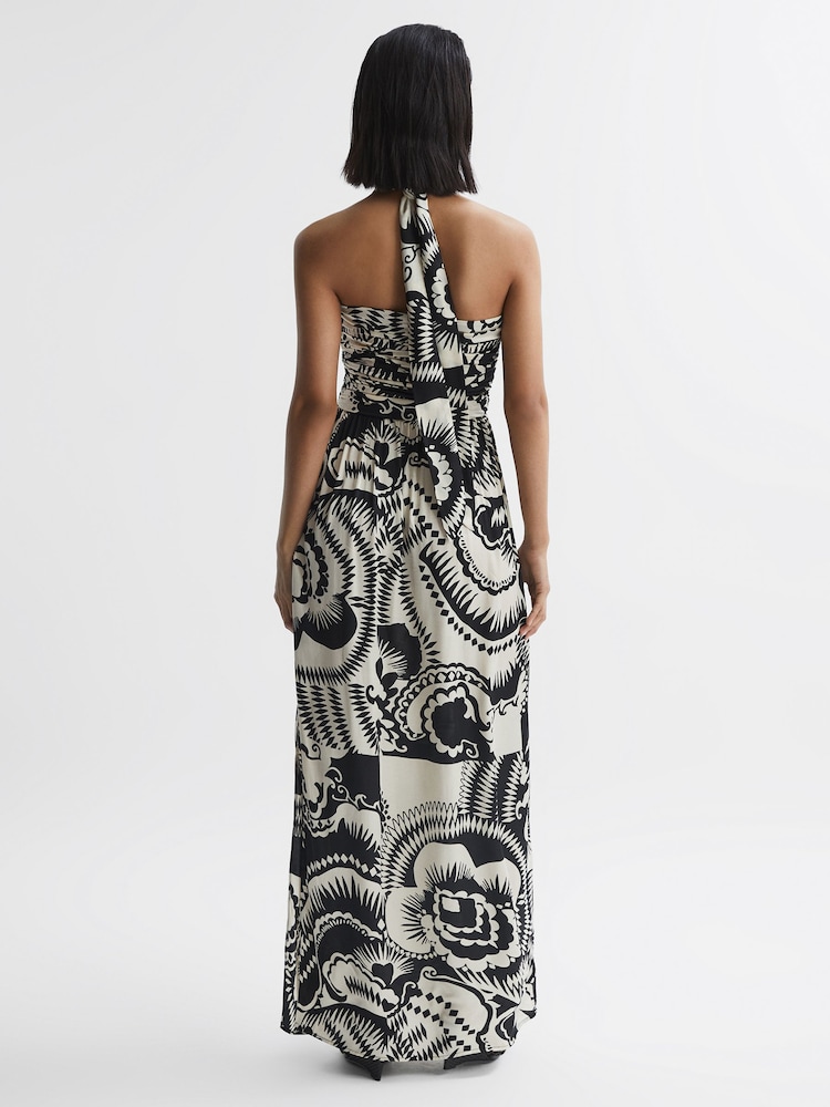 Reiss Black/White Hallie Printed Halter Neck Maxi Dress - Image 5 of 6