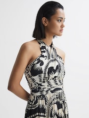 Reiss Black/White Hallie Printed Halter Neck Maxi Dress - Image 6 of 6