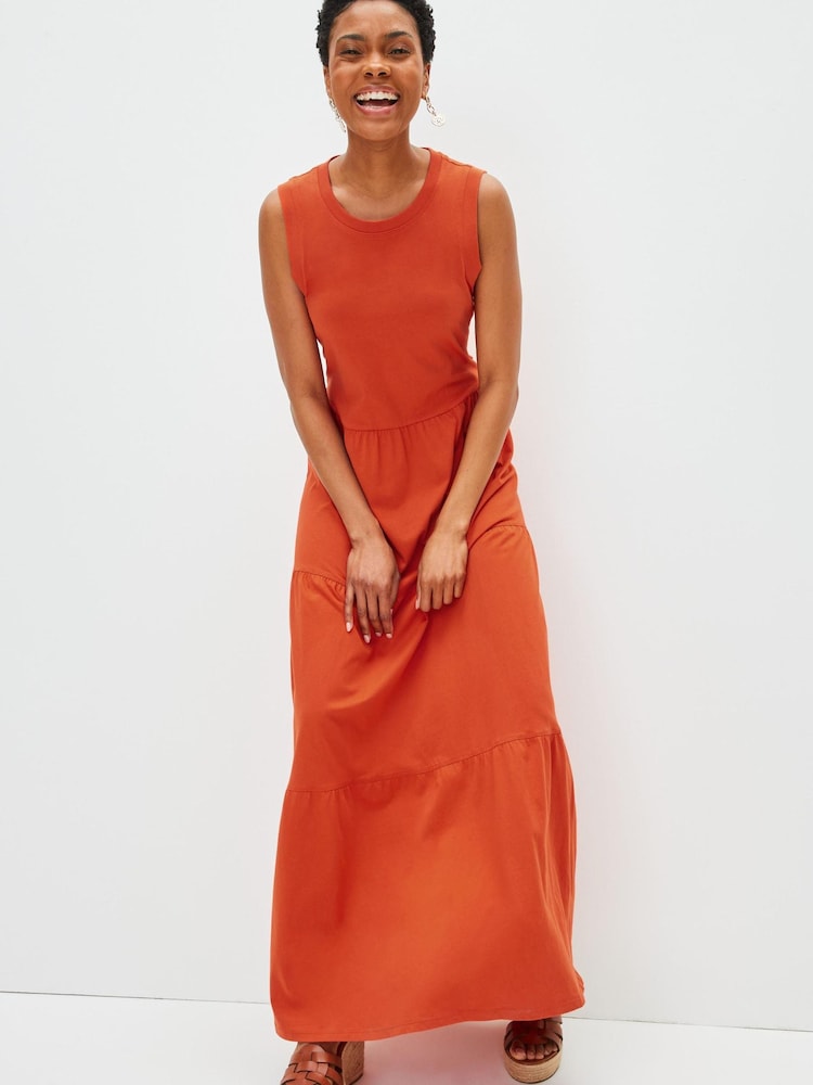 Red Sleeveless Crew Neck Tiered Summer Maxi Dress - Image 1 of 2