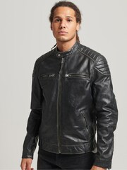 Superdry Black Leather Moto Racer Jacket - Image 1 of 4