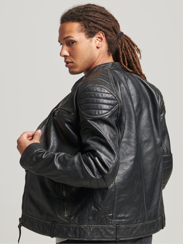 Superdry Black Leather Moto Racer Jacket - Image 2 of 4