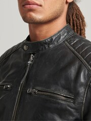 Superdry Black Leather Moto Racer Jacket - Image 3 of 4