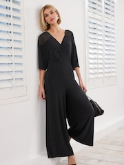 Black Woven Mix Short Sleeve Jumpsuit - Image 1 of 4