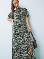 Green Floral Short Puff Sleeve Midi Day Dress - Image 1 of 5