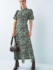 Green Floral Short Puff Sleeve Midi Day Dress - Image 2 of 5