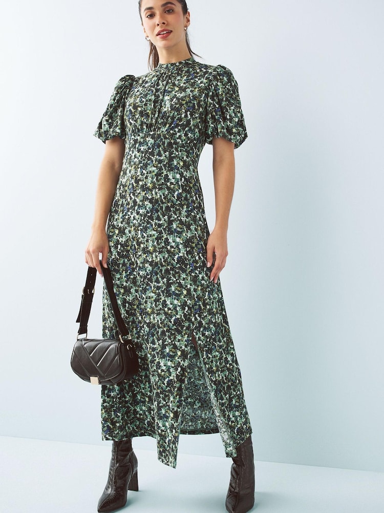 Green Floral Short Puff Sleeve Midi Day Dress - Image 2 of 5