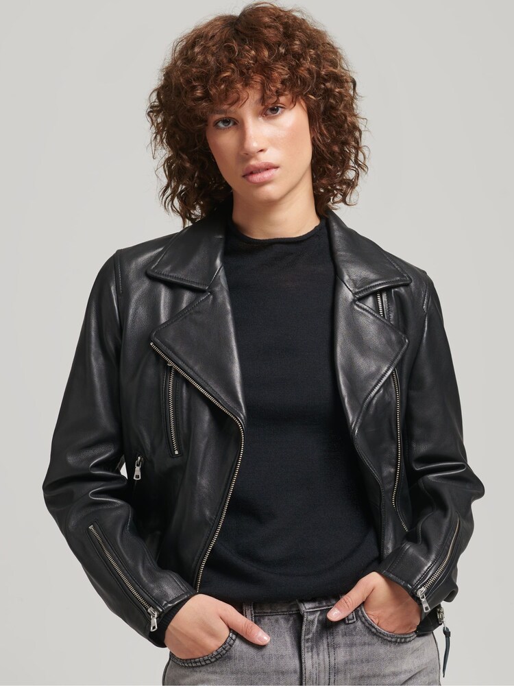 Superdry Black Leather Biker Jacket - Image 1 of 4