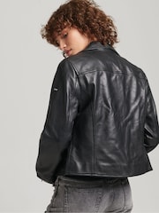 Superdry Black Leather Biker Jacket - Image 2 of 4