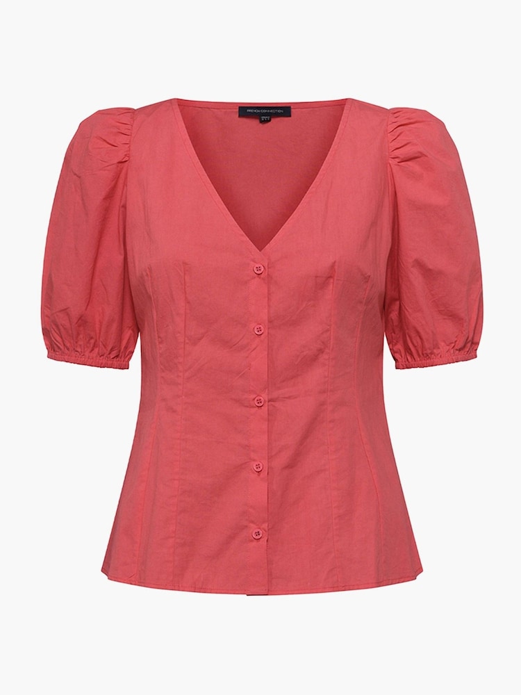 French Connection Armina Red Organic Cotton Puff Sleeve Top - Obraz 1 z 1