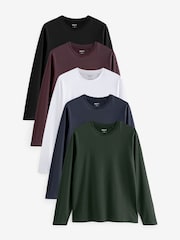 Black/White/Navy Blue/Green/Burgundy Red - Regular Fit - Regular Fit Long Sleeve 100% Cotton T-Shirts 5 Pack - Image 1 of 1