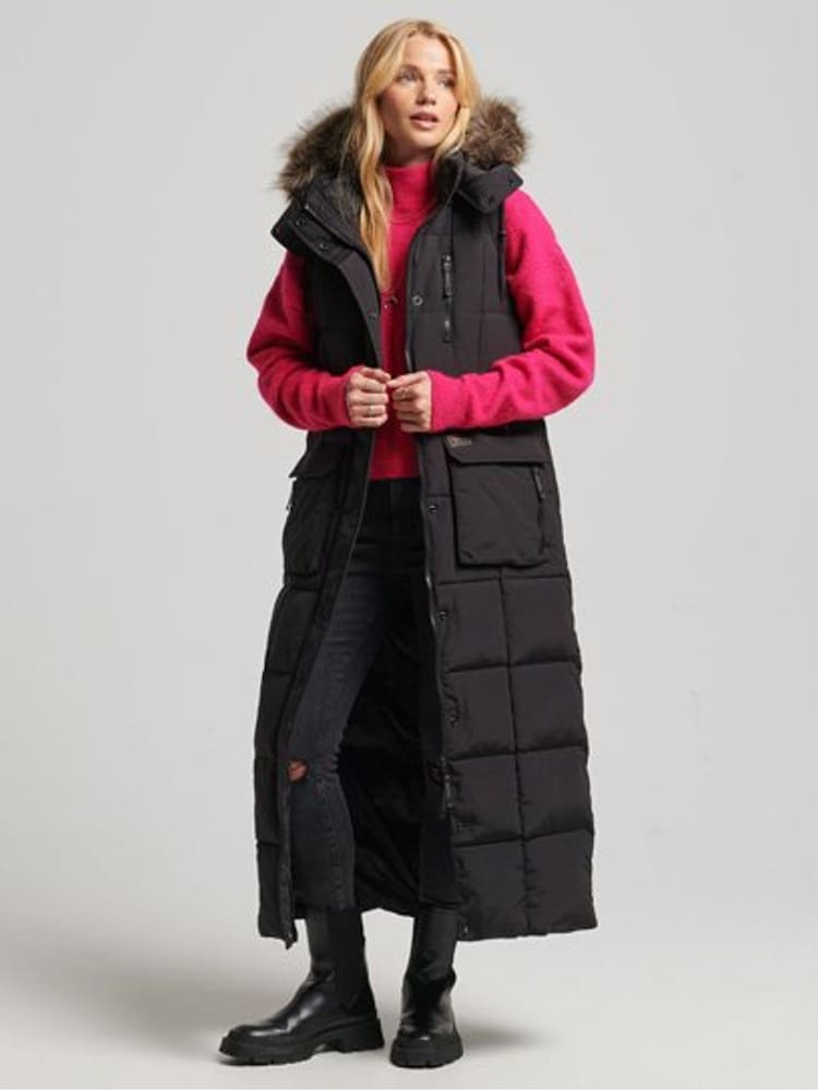 Superdry Black Hooded Faux Fur Longline Puffer Gilet - Image 1 of 4