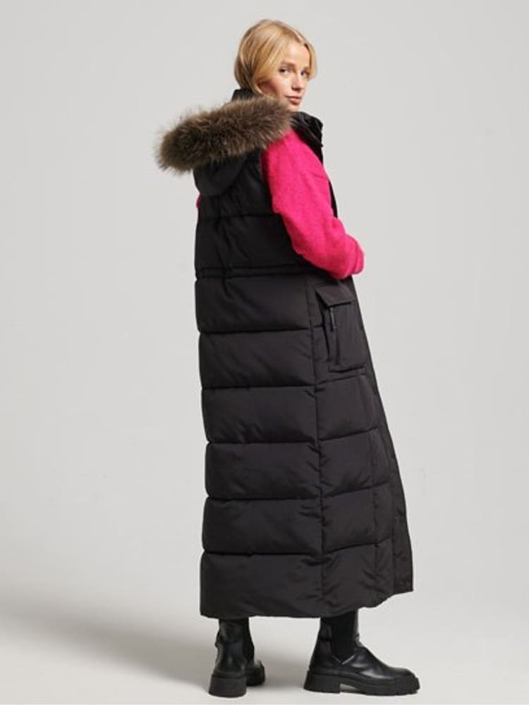 Superdry Black Hooded Faux Fur Longline Puffer Gilet - Image 2 of 4