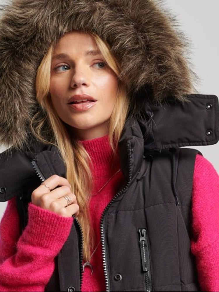 Superdry Black Hooded Faux Fur Longline Puffer Gilet - Image 3 of 4