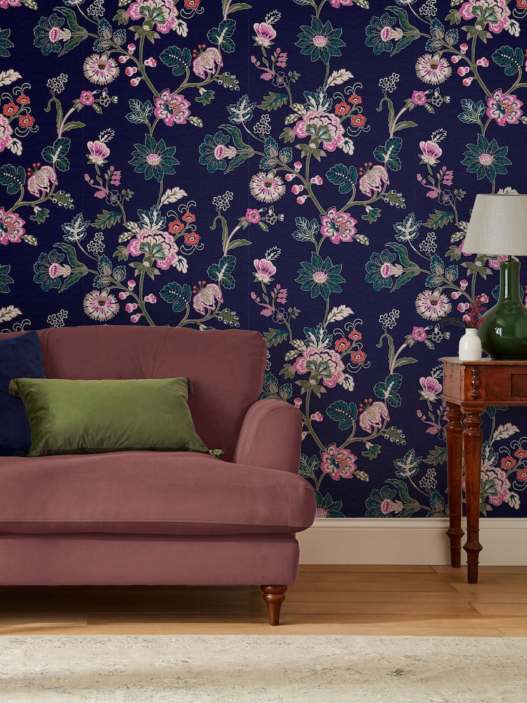 Joules Royal Navy Vine Cottage Floral 10M Wallpaper - Image 1 of 3